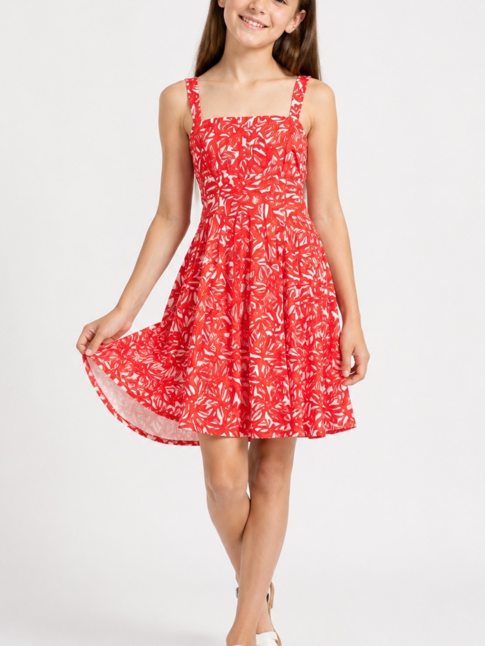 American Living Girls Red White Floral Dress Youth Size 12 Lined